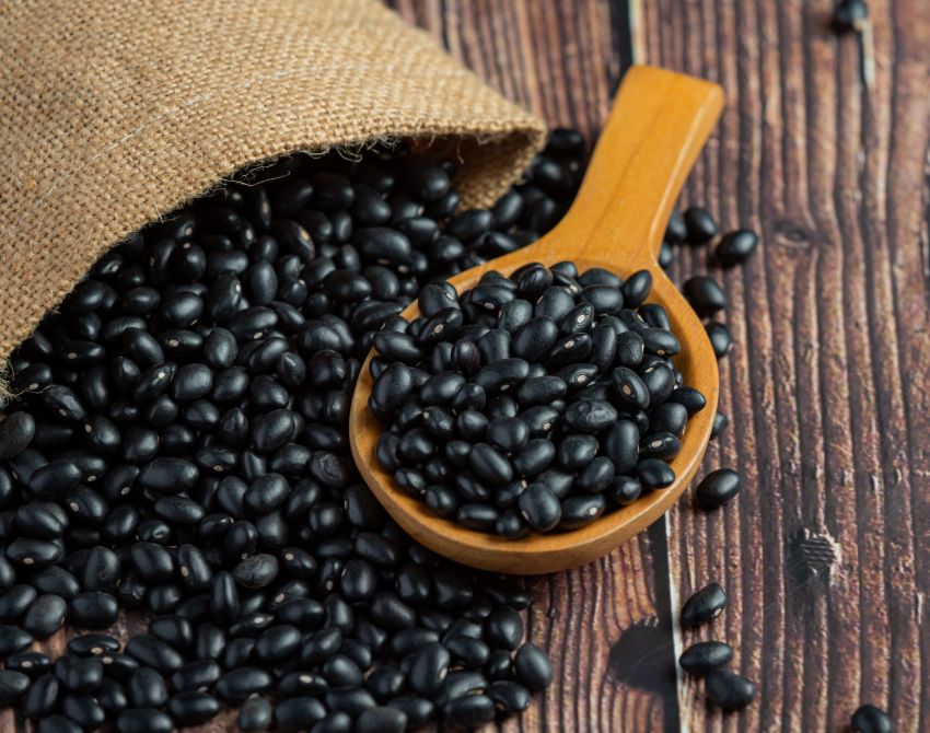 black bean in small wooden spoon place next to sack bag full of black bean